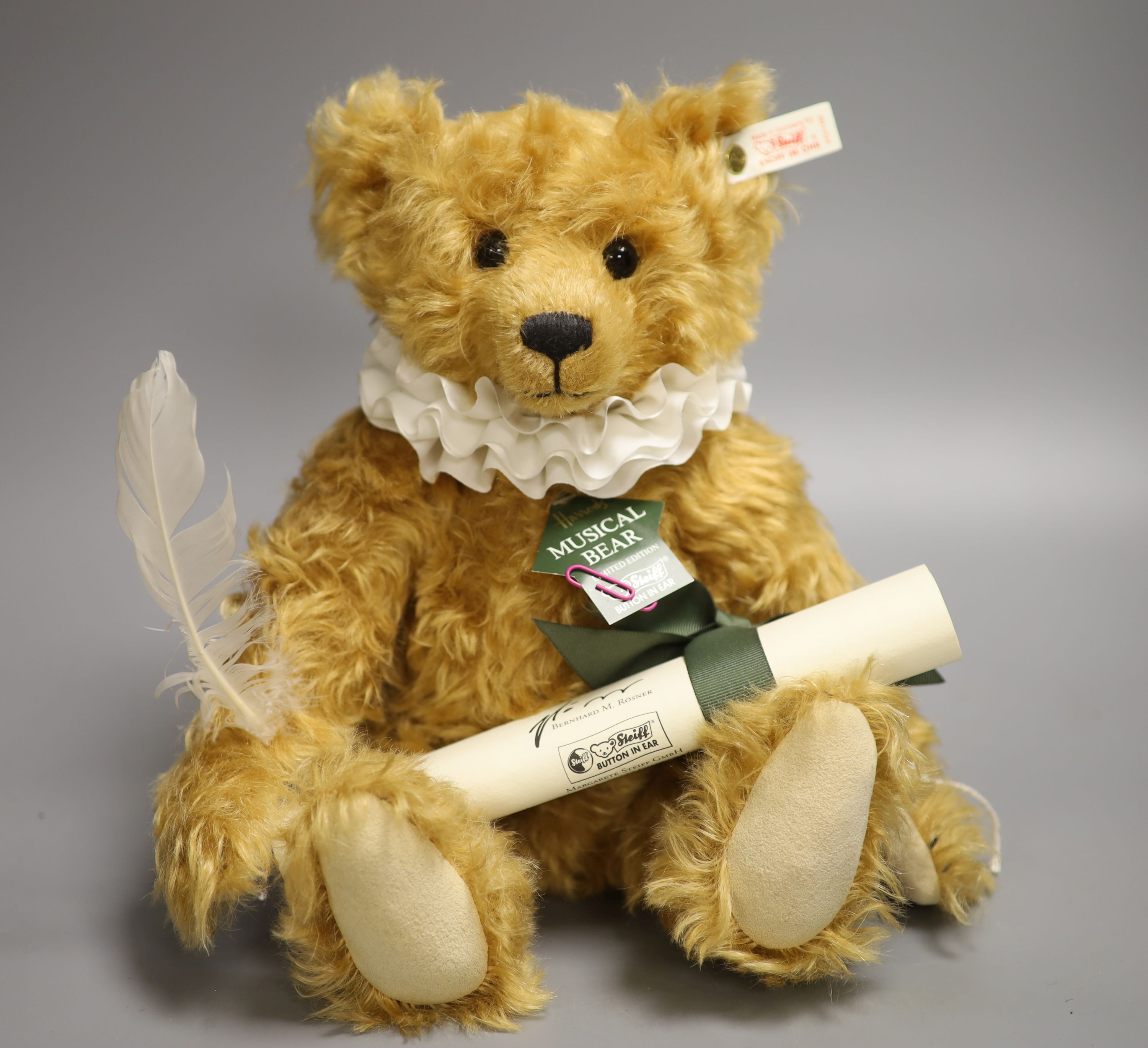 Harrods Steiff poet bear musical and Steiff Teddy Rose British 38, box and certificate (2)